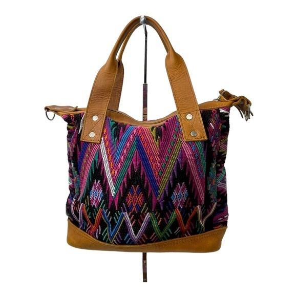 Maria's Artisan Shop Small Cotton Leather Handbag Guatemalan Multicolor Boho - Picture 2 of 8